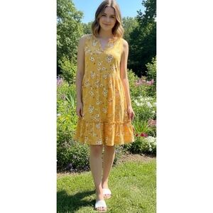 Floral Sleeveless Tiered Dress Golden Yellow Size L